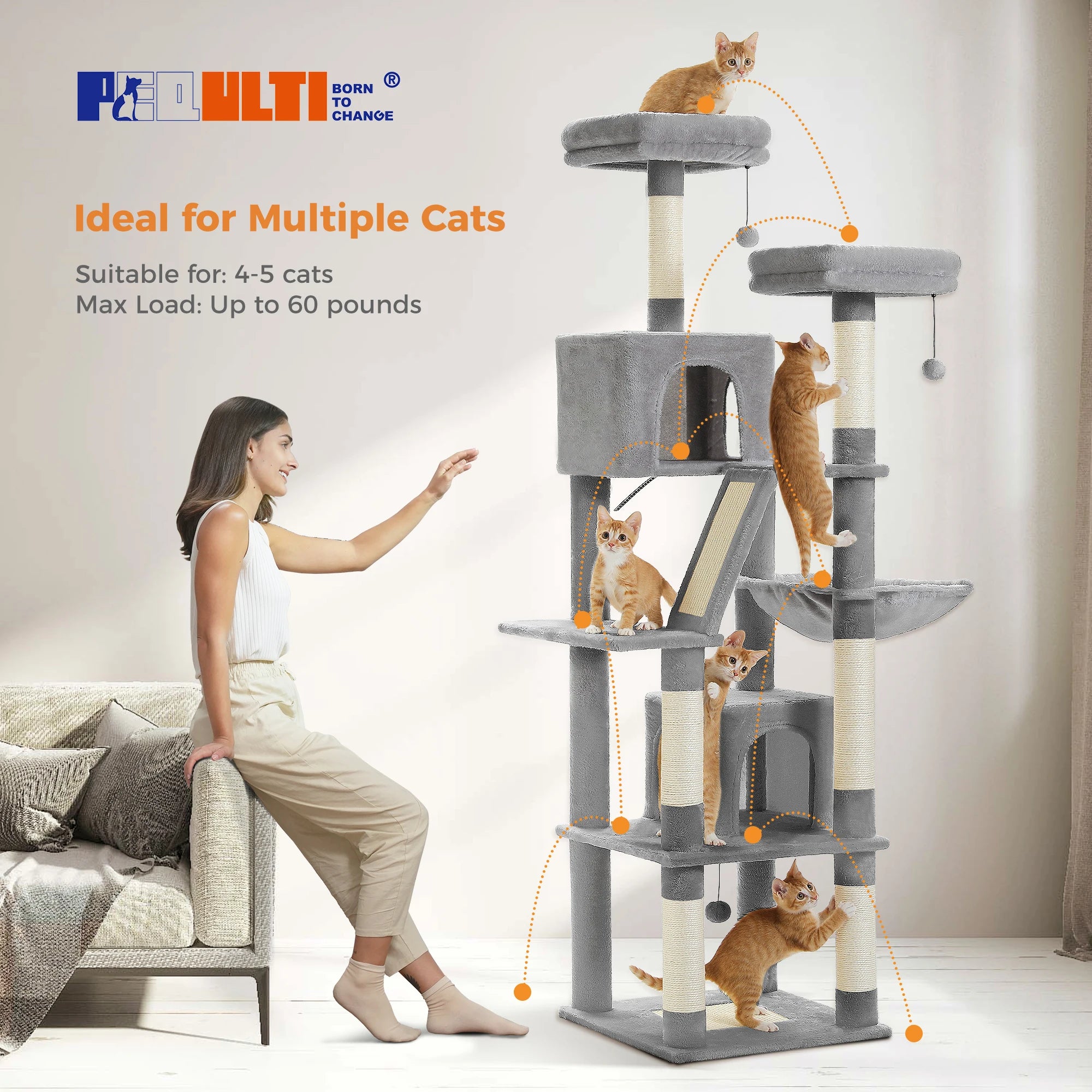 ClimbingCats Tower - Carpeted Climber with Hammock, Houses and Scratchers