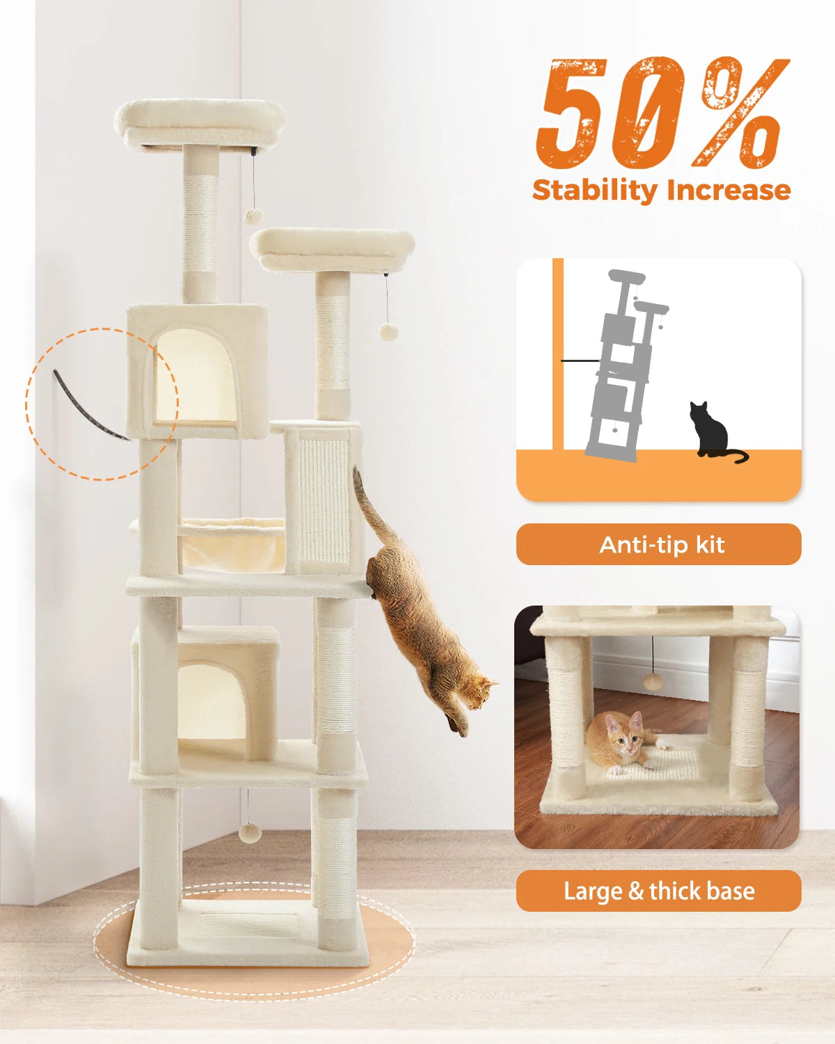 ClimbingCats Tower - Carpeted Climber with Hammock, Houses and Scratchers