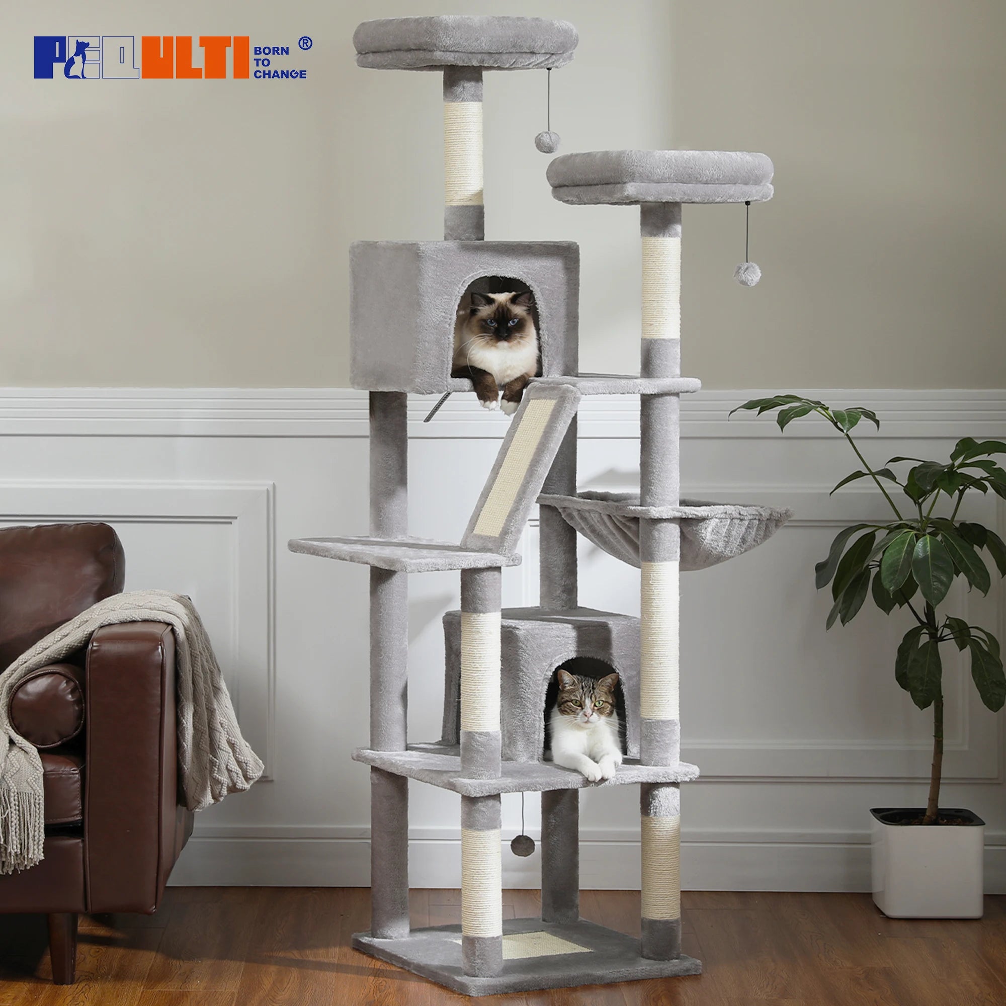 ClimbingCats Tower - Carpeted Climber with Hammock, Houses and Scratchers